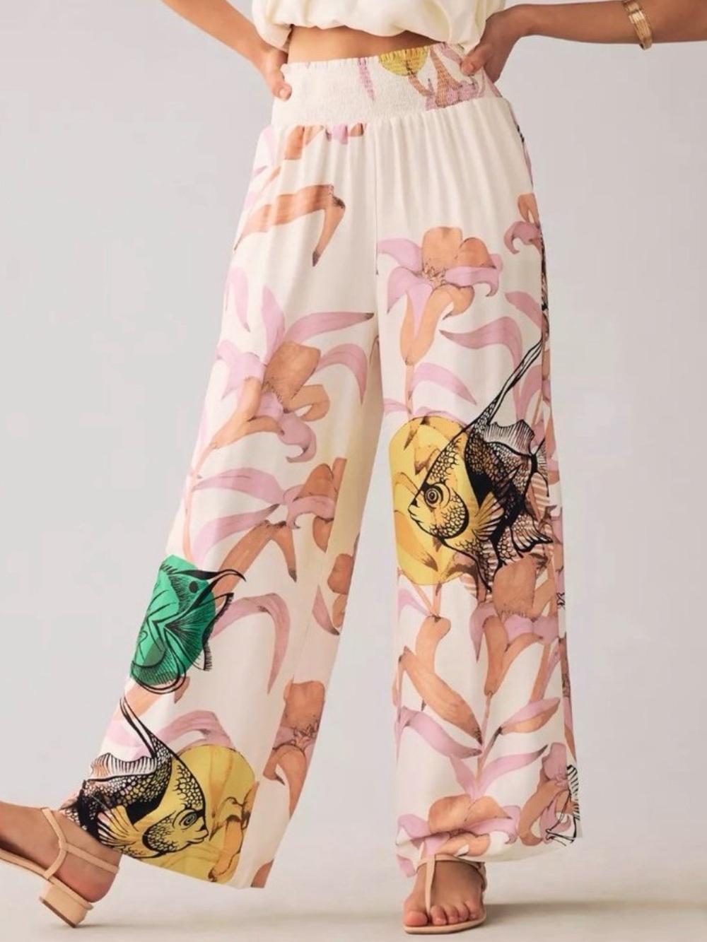 Pia Binazzi for Maeve Anthropologie Wide-Leg Floral & Fish Print Pants #523
